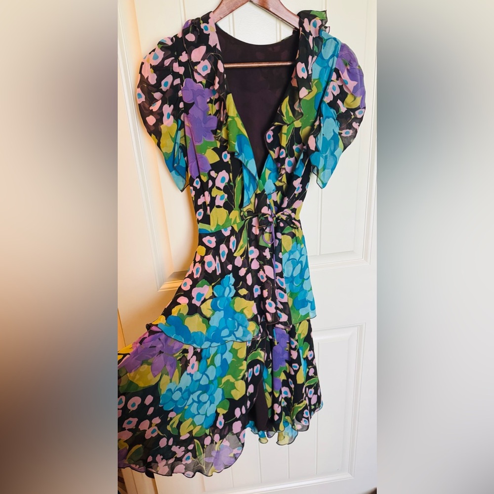 Anna Sui Asymmetrical Dress silk Floral ruffled wrap puff sleeve XS